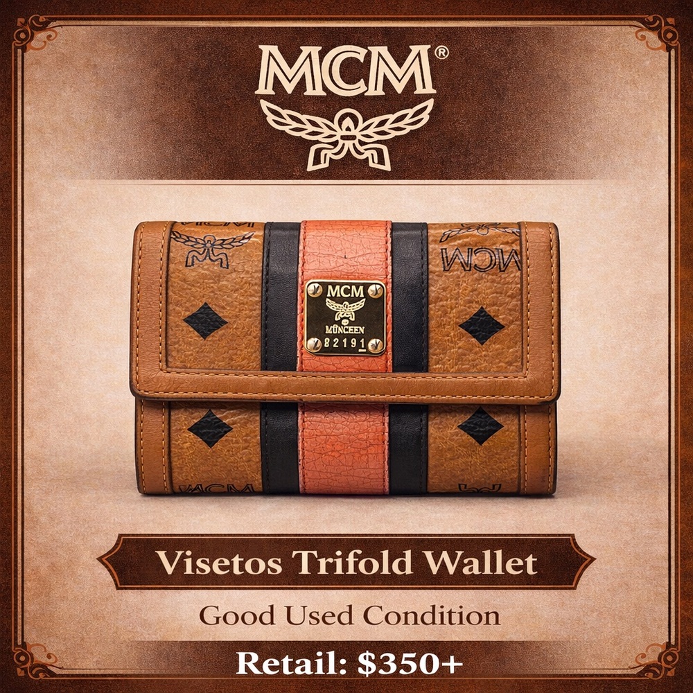 MCM Visetos Trifold Wallet Cognac Leather Logo Plate Compact Wallet